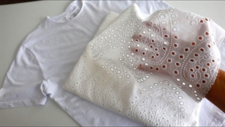 من یک لباس مجلل در یک فروشگاه دیدم. یک تی شرت سفید پارچه روباز برداشتم و به همین خوبی دوختم